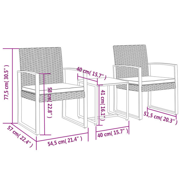 vidaXL 3 piece Garden Dining Set with Cushions Brown PP Rattan