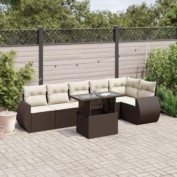 vidaXL 7 Piece Garden Sofa Set with Cushions Brown Poly Rattan