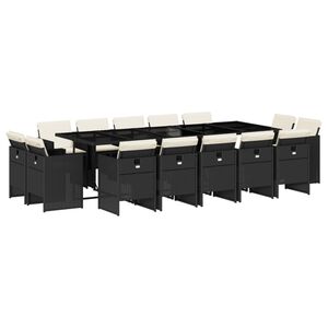 vidaXL 15 Piece Garden Dining Set with Cushions Black Poly Rattan