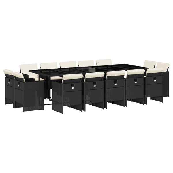 vidaXL 15 Piece Garden Dining Set with Cushions Black Poly Rattan