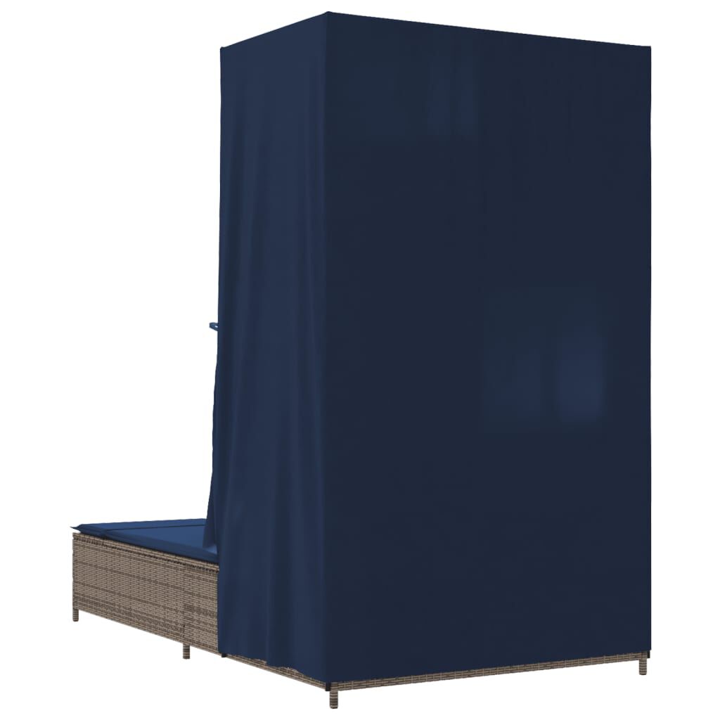 vidaXL Double Sun Lounger with Roof and Curtains Grey Poly Rattan