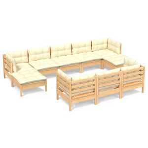 vidaXL 10 Piece Garden Lounge Set with Cream Cushions Solid Pinewood
