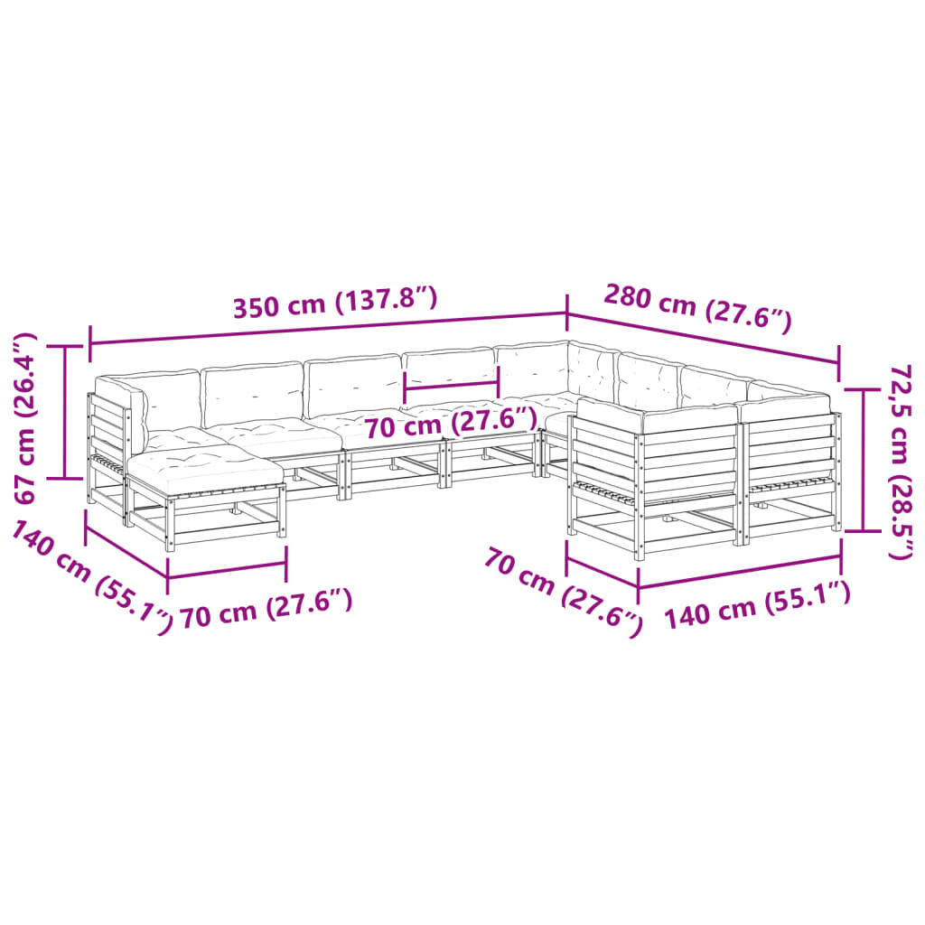 vidaXL 10 Piece Garden Sofa Set with Cushions Wax Brown Solid Wood Pine