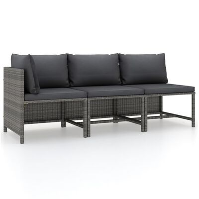 vidaXL 3 Piece Garden Lounge Set with Cushions Poly Rattan Grey