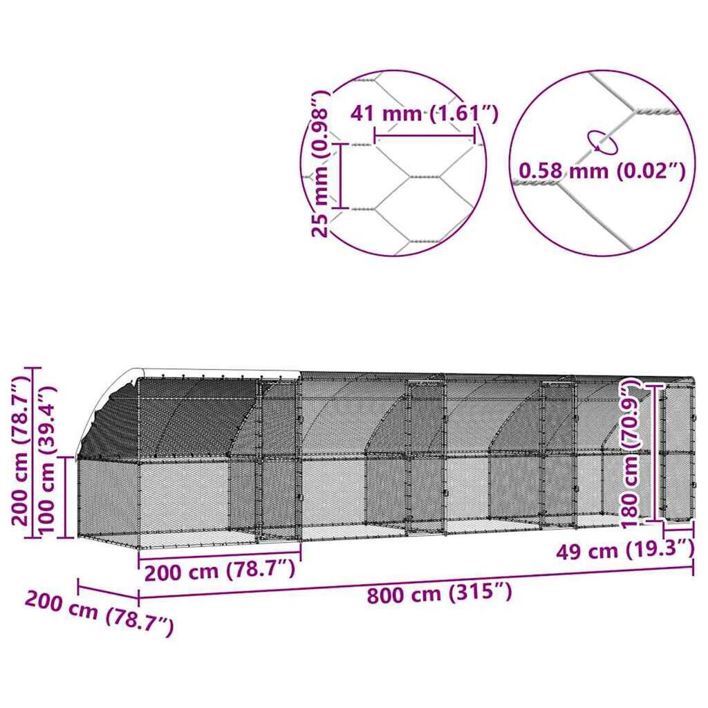 vidaXL Chicken Cage Silver 800 x 200 x 198.5 cm Galvanised steel