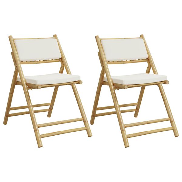 vidaXL 2 Piece Folding Bistro Chairs with Cream White Cushions Bamboo