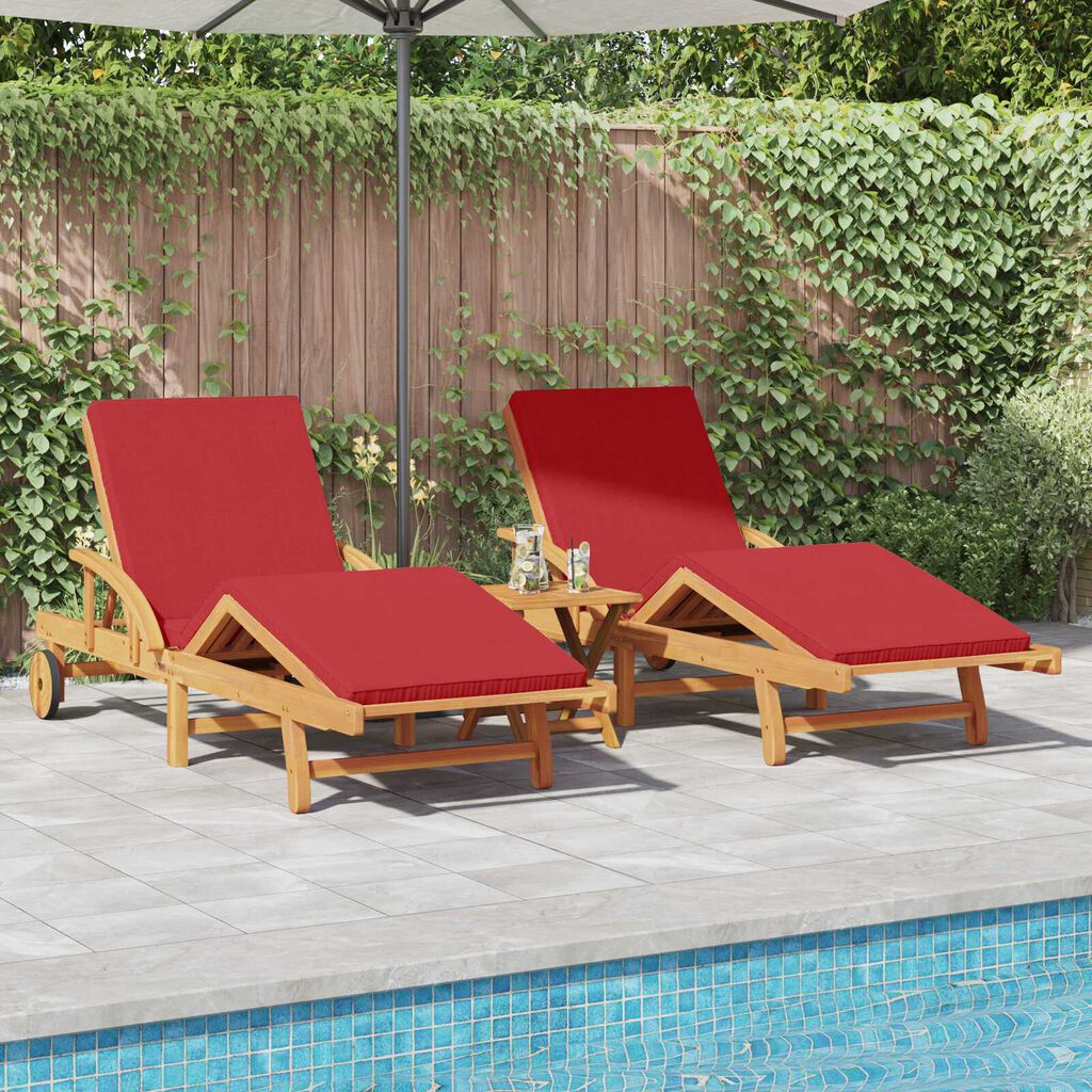 vidaXL Sun Loungers 2 pcs with Cushions and Table Red Solid Wood Acacia
