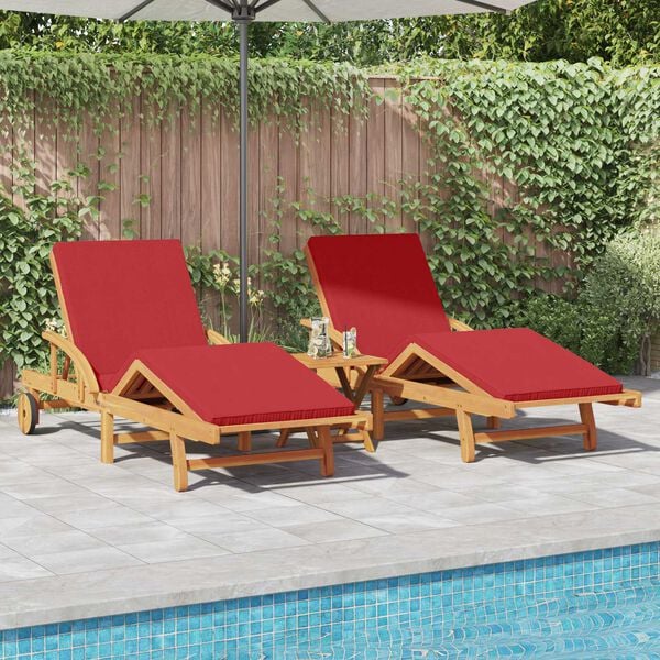 vidaXL Sun Loungers 2 pcs with Cushions and Table Red Solid Wood Acacia