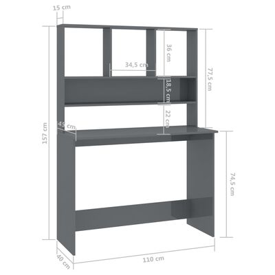 vidaXL Desk with Shelf High Gloss Grey 110x45x157 cm Engineered Wood