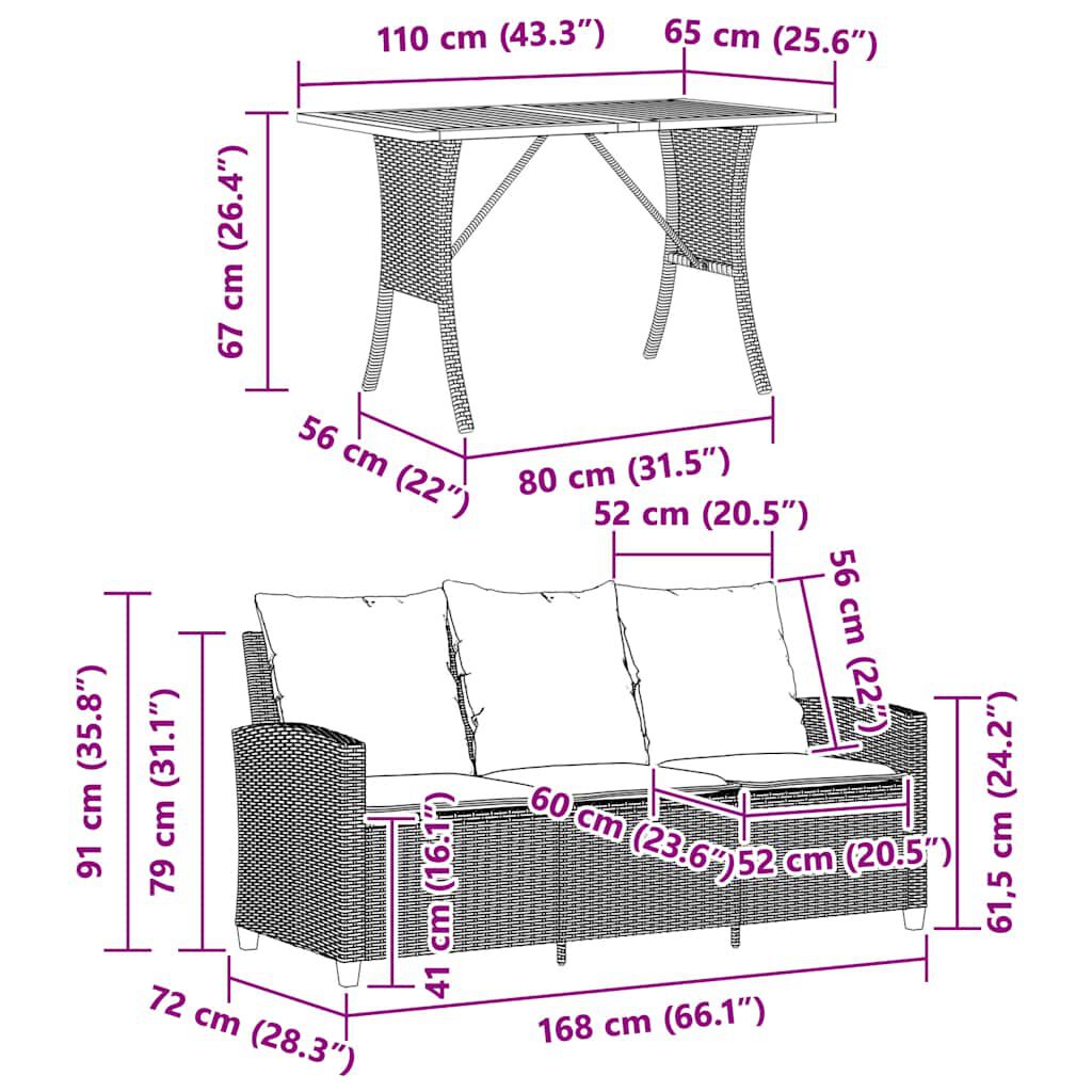 vidaXL Garden Sofa 3-Seater with Cushions&Table Black Poly Rattan