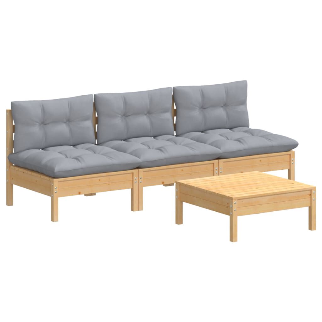 vidaXL 4 Piece Garden Lounge Set with Grey Cushions Pinewood