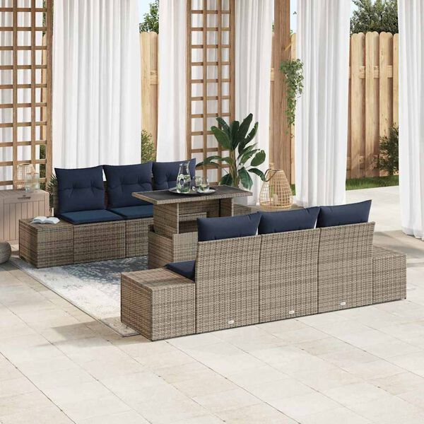 vidaXL Sofa Set with Cushion 7 pcs Grey and Navy Blue Poly Rattan