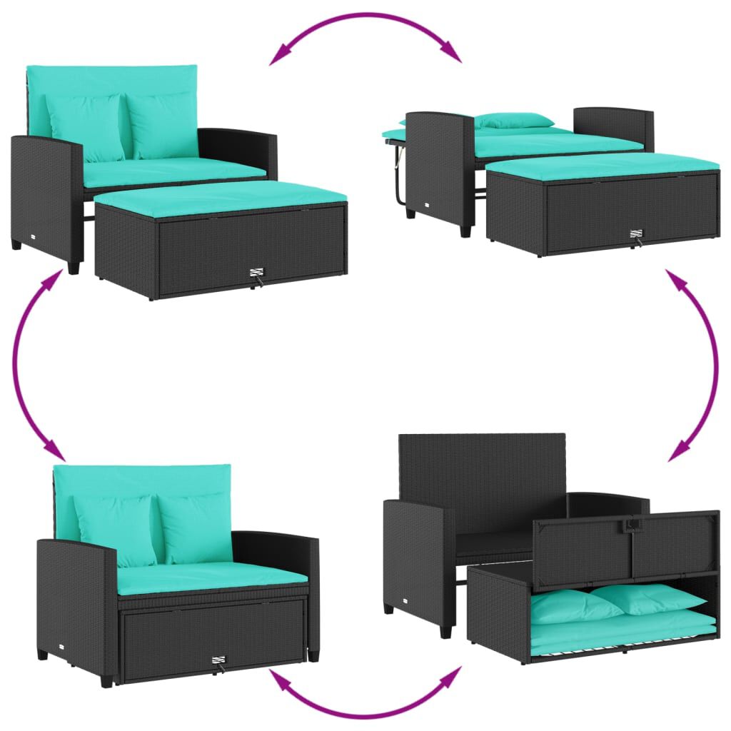 vidaXL Garden Sofa with Cushions 2-Seater Black Poly Rattan
