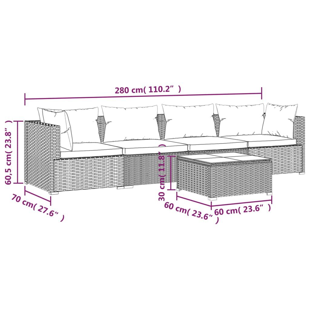 vidaXL 5 Piece Garden Lounge Set with Cushions Poly Rattan Grey