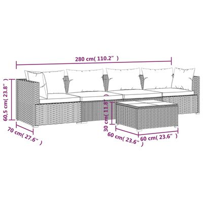 vidaXL 5 Piece Garden Lounge Set with Cushions Poly Rattan Grey