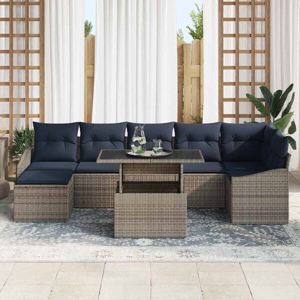 vidaXL Garden Sofa Set with Cushion 8 pcs Grey and navy blue