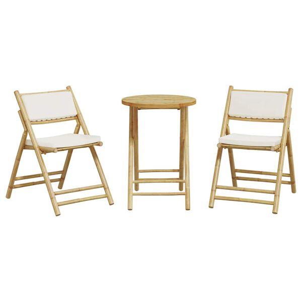 vidaXL 3 Piece Folding Bistro Set with Cream White Cushions Bamboo