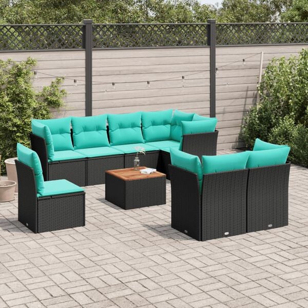vidaXL 9 Piece Garden Sofa Set with Cushions Black Poly Rattan