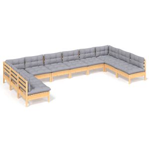 vidaXL 10 Piece Garden Lounge Set with Grey Cushions Solid Pinewood