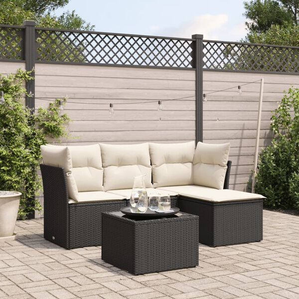 vidaXL 5 Piece Garden Sofa Set with Cushions Black Poly Rattan