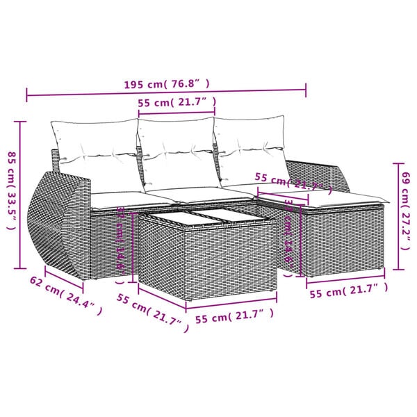 vidaXL 5 Piece Garden Sofa Set with Cushions Brown Poly Rattan