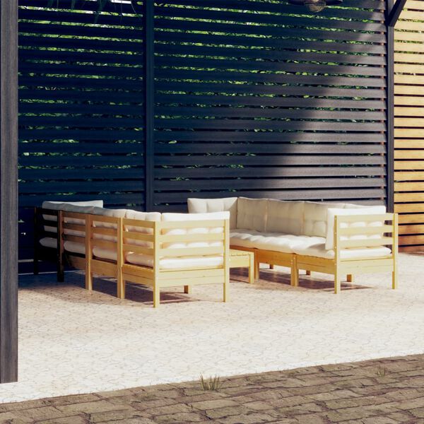 vidaXL 9 Piece Garden Lounge Set with Cream Cushions Solid Pinewood