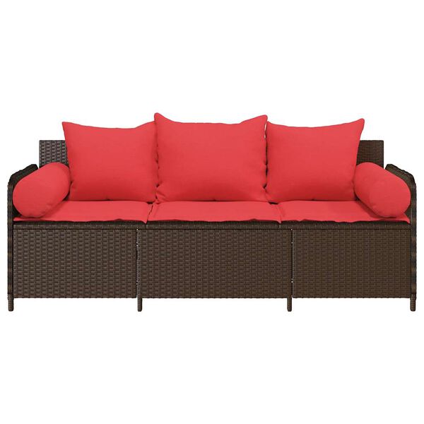 vidaXL Garden Sofa with Cushions 3-Seater Brown Poly Rattan