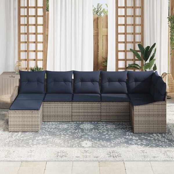 vidaXL Sofa Set with Cushion 7 pcs Grey Poly Rattan