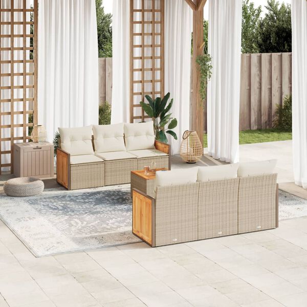 vidaXL 7 Piece Garden Sofa Set with Cushions Beige Poly Rattan