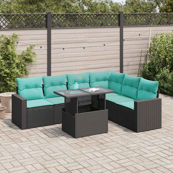 vidaXL 7 Piece Garden Sofa Set with Cushions Black Poly Rattan Acacia
