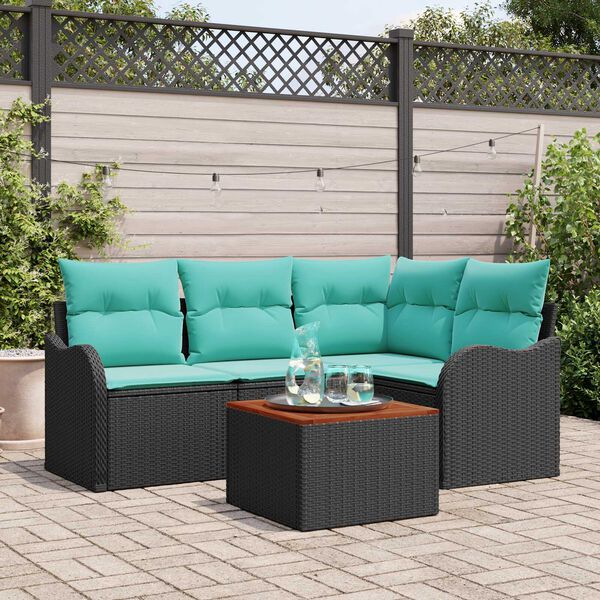 vidaXL 5 Piece Garden Sofa Set with Cushions Black Poly Rattan Acacia
