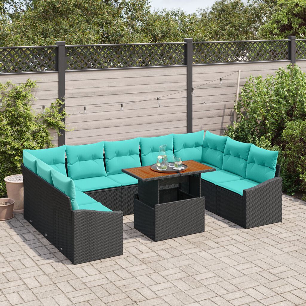vidaXL 10 Piece Garden Sofa Set with Cushions Black Poly Rattan Acacia