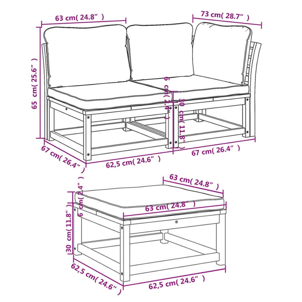vidaXL 3 Piece Garden Lounge Set with Cushions Solid Wood Acacia