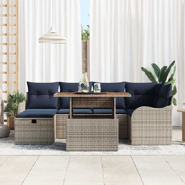 vidaXL 7 Piece Garden Sofa Set with Cushions Grey Poly Rattan