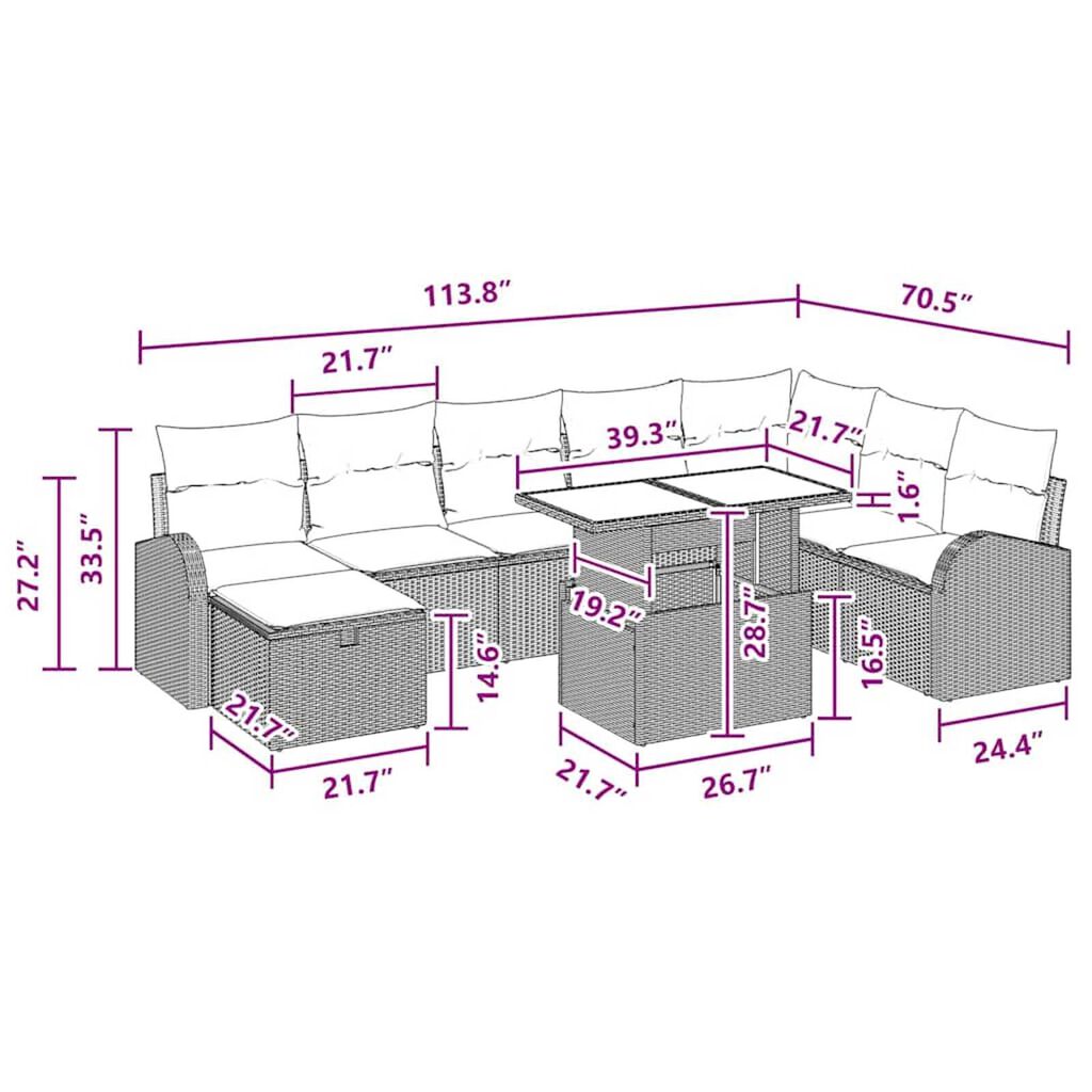 vidaXL Garden Sofa Set with Cushion 9 pcs Black Poly rattan