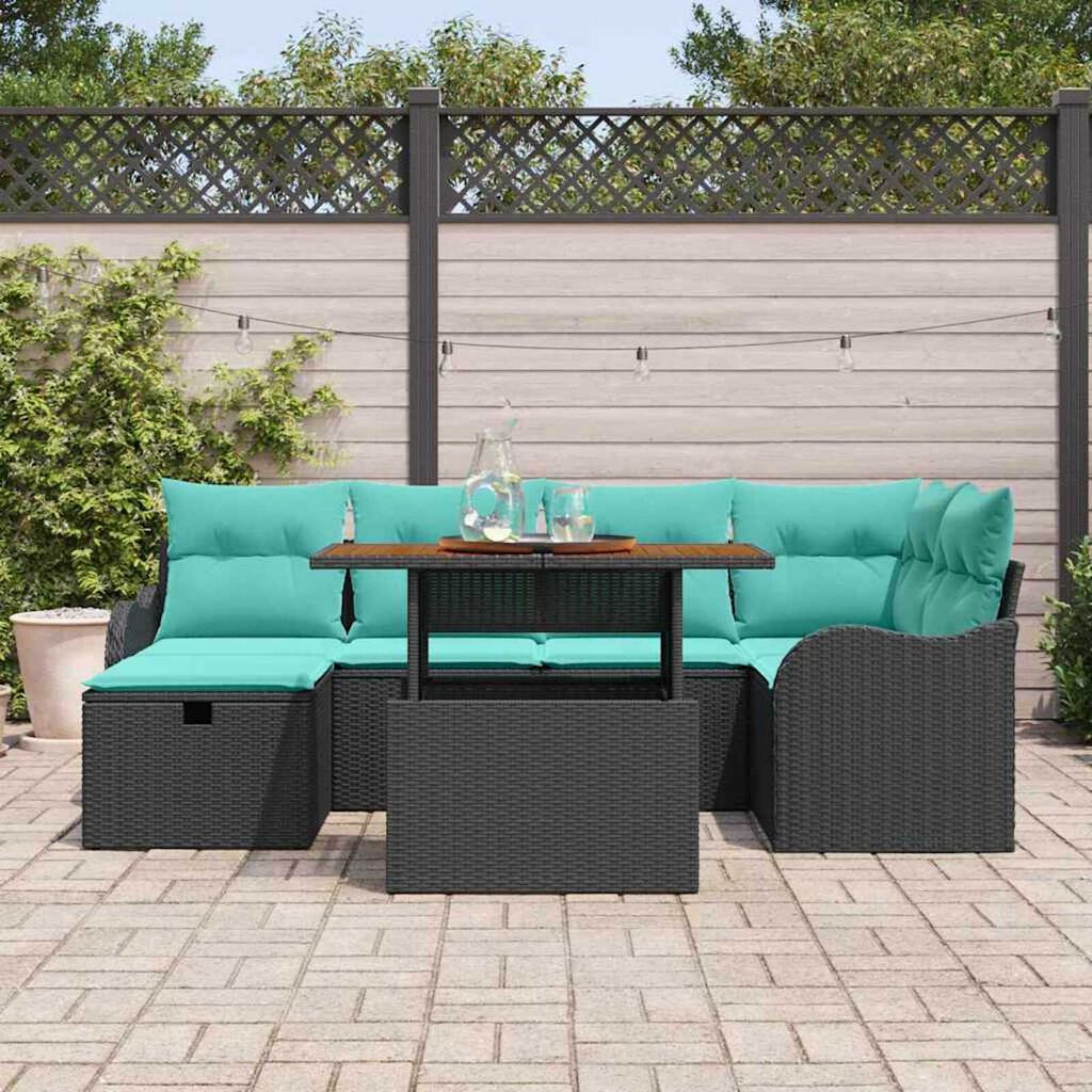 vidaXL Garden Sofa Set Height-Adjustable 7 pcs Black Poly Rattan