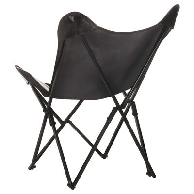 vidaXL Foldable Butterfly Chair Black Real Leather