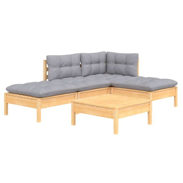 vidaXL 5 Piece Garden Lounge Set with Grey Cushions Pinewood