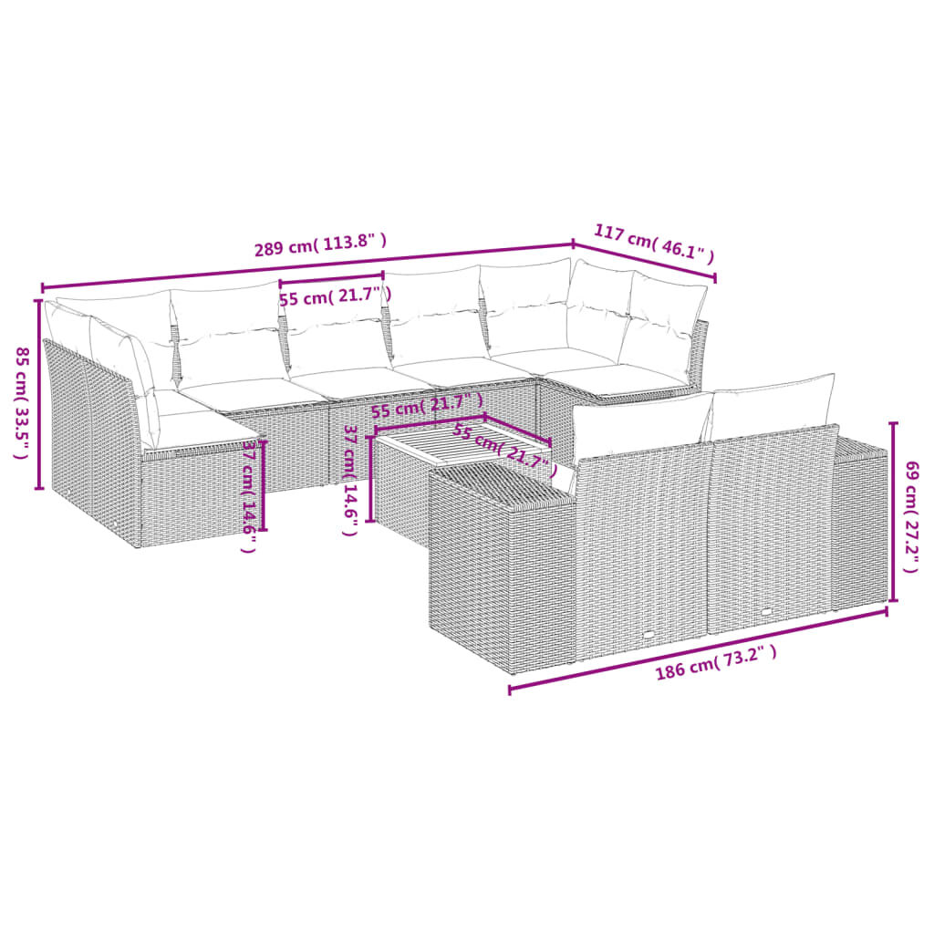 vidaXL 10 Piece Garden Sofa Set with Cushions Black Poly Rattan