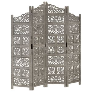 vidaXL Hand carved 4-Panel Room Divider Grey 160x165 cm Solid Mango Wood