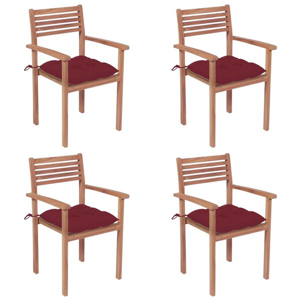 vidaXL Garden Chairs 4 pcs with Wine Red Cushions Solid Teak Wood