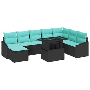 vidaXL Sofa Set with Cushion 9 pcs Black and Blue Poly Rattan
