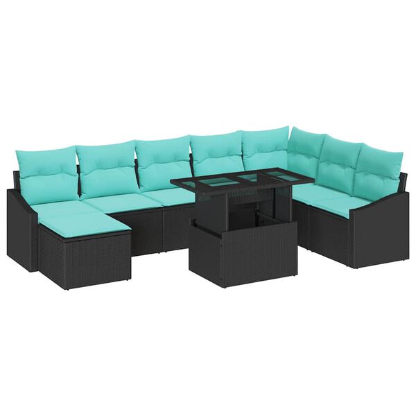 vidaXL Sofa Set with Cushion 9 pcs Black and Blue Poly Rattan
