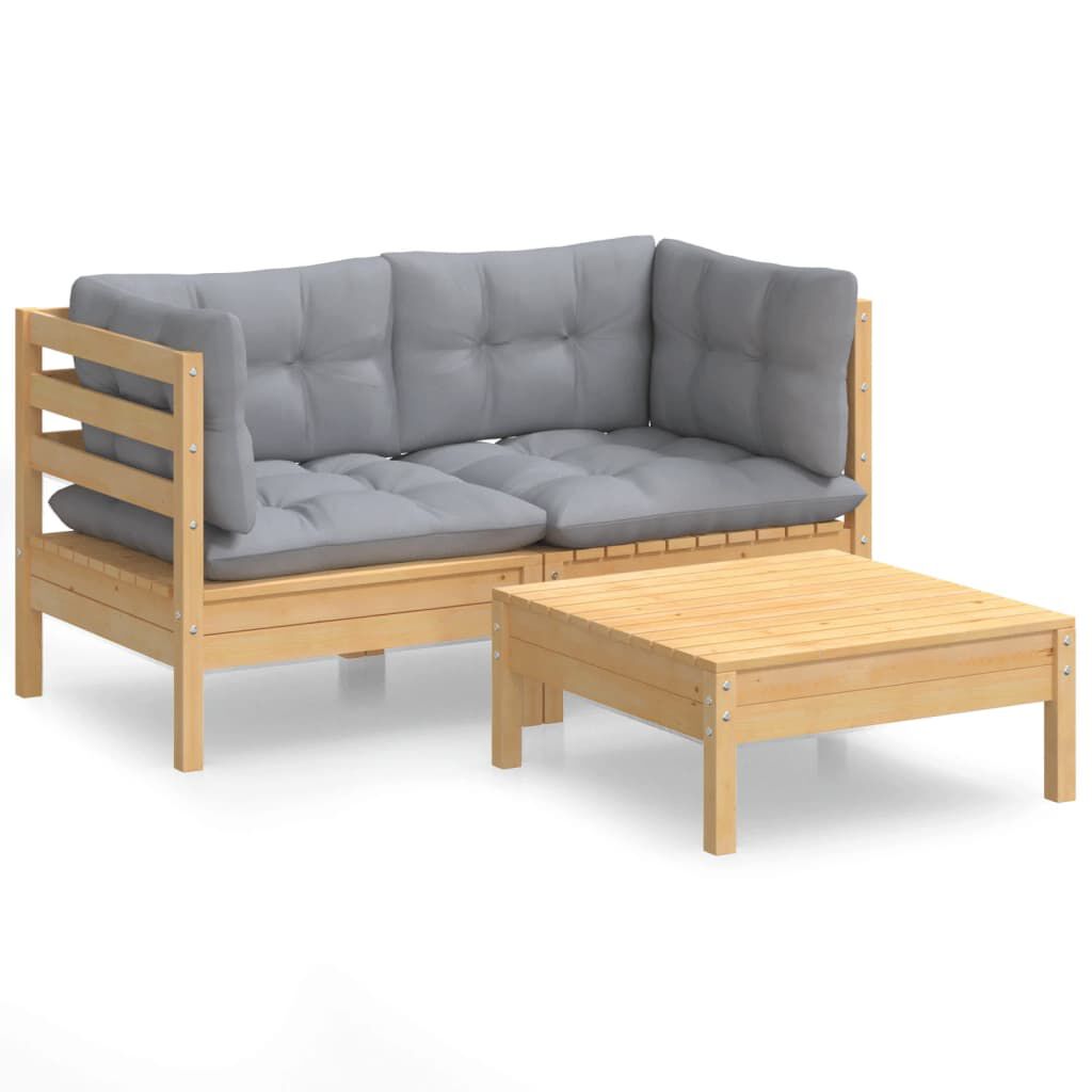 vidaXL 3 Piece Garden Lounge Set with Grey Cushions Pinewood