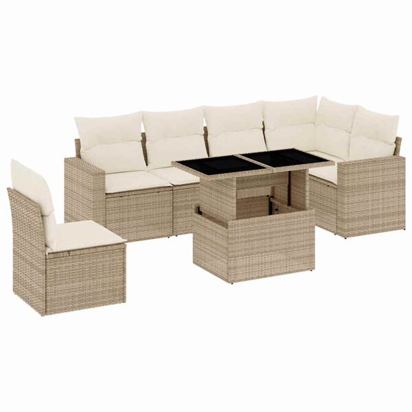 vidaXL 7 Piece Garden Sofa Set with Cushions Beige Poly Rattan