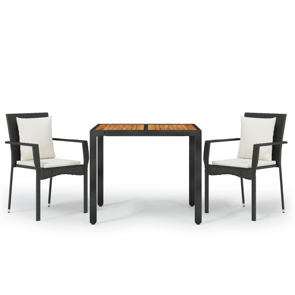 vidaXL 3 Piece Garden Dining Set with Cushions Black Poly Rattan