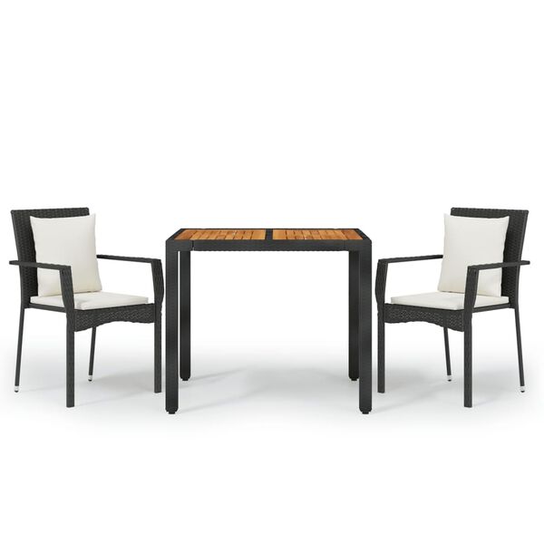 vidaXL 3 Piece Garden Dining Set with Cushions Black Poly Rattan