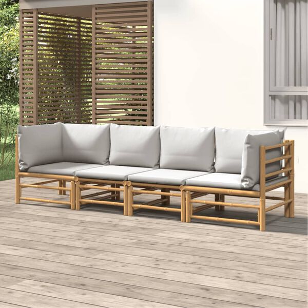 vidaXL 4 Piece Garden Lounge Set with Light Grey Cushions Bamboo