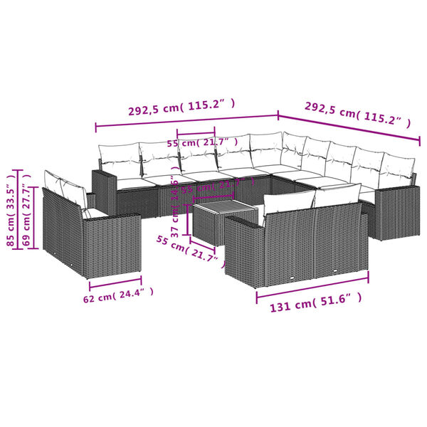 vidaXL 14 Piece Garden Sofa Set with Cushions Grey Poly Rattan