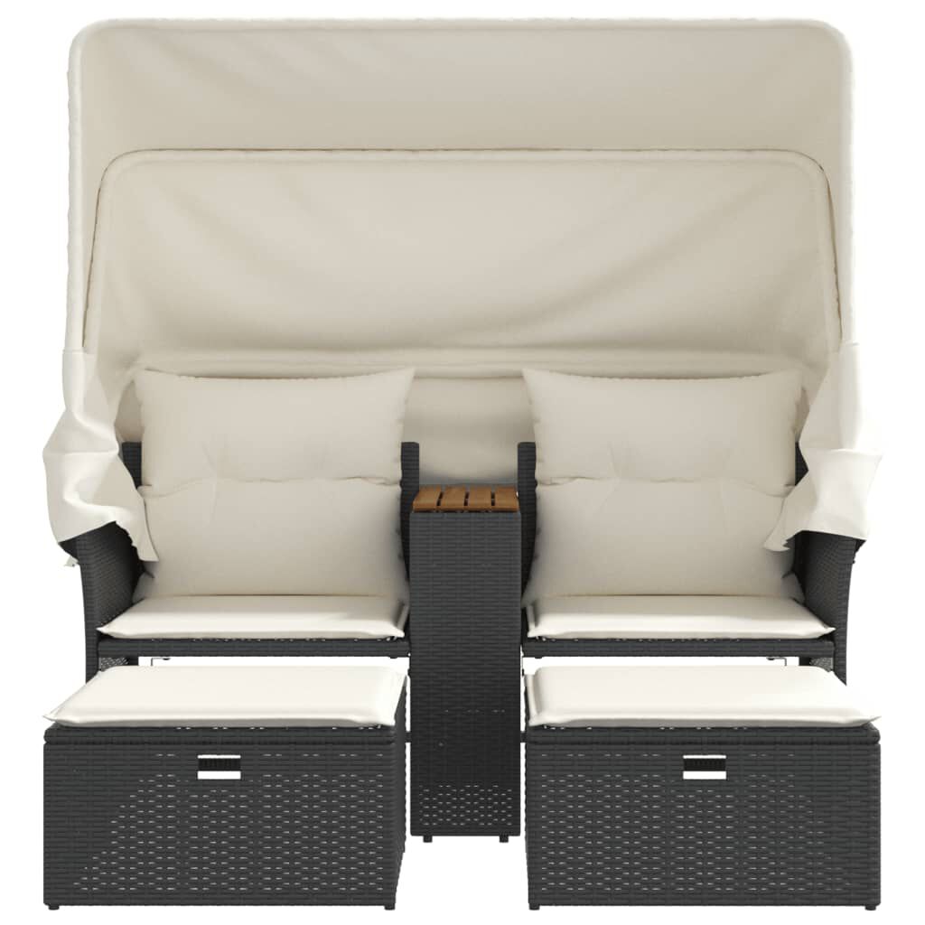 vidaXL Garden Sofa 2-Seater with Canopy and Stools Black Poly Rattan